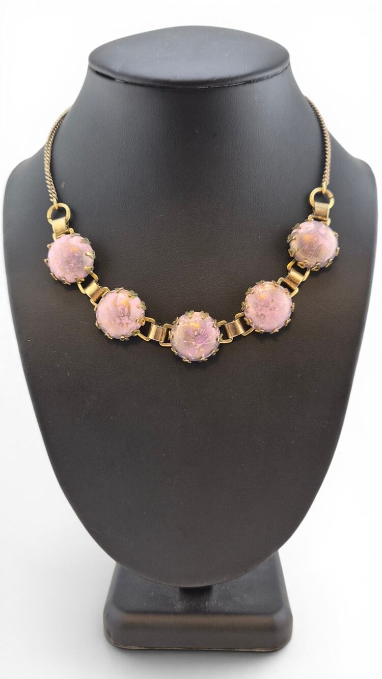 Vintage Pink Lavender Art Glass Cabochon Necklace Gold Tone 1950s 1960s